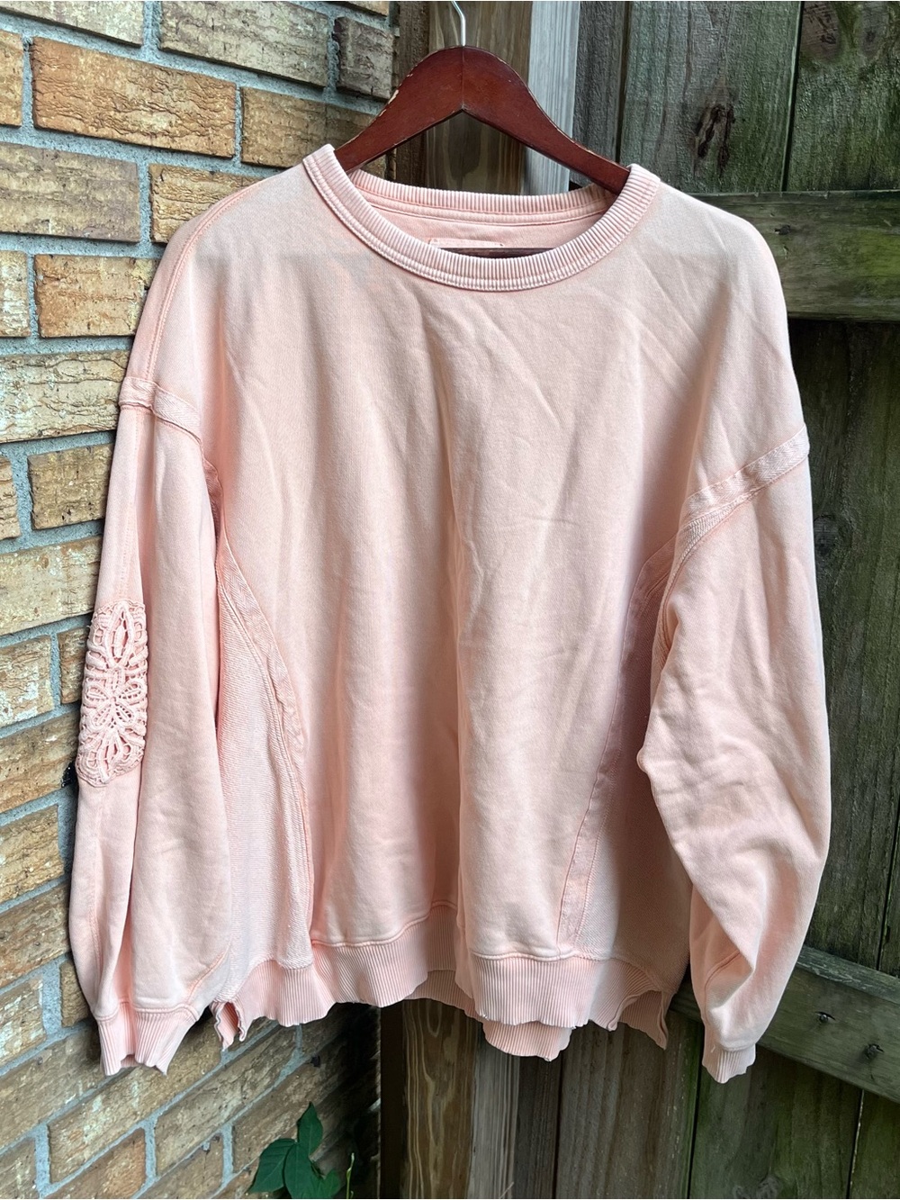 Aerie Oversized Washed Peach Crochet-Elbow Sweatshirt